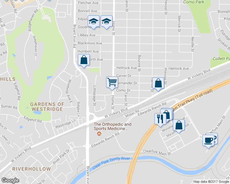 map of restaurants, bars, coffee shops, grocery stores, and more near 4801 Horne Street in Fort Worth