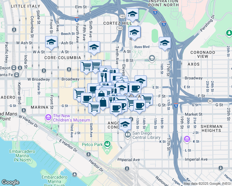 map of restaurants, bars, coffee shops, grocery stores, and more near 900 F Street in San Diego