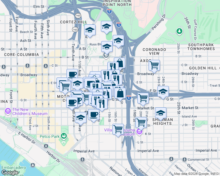 map of restaurants, bars, coffee shops, grocery stores, and more near 841 15th Street in San Diego