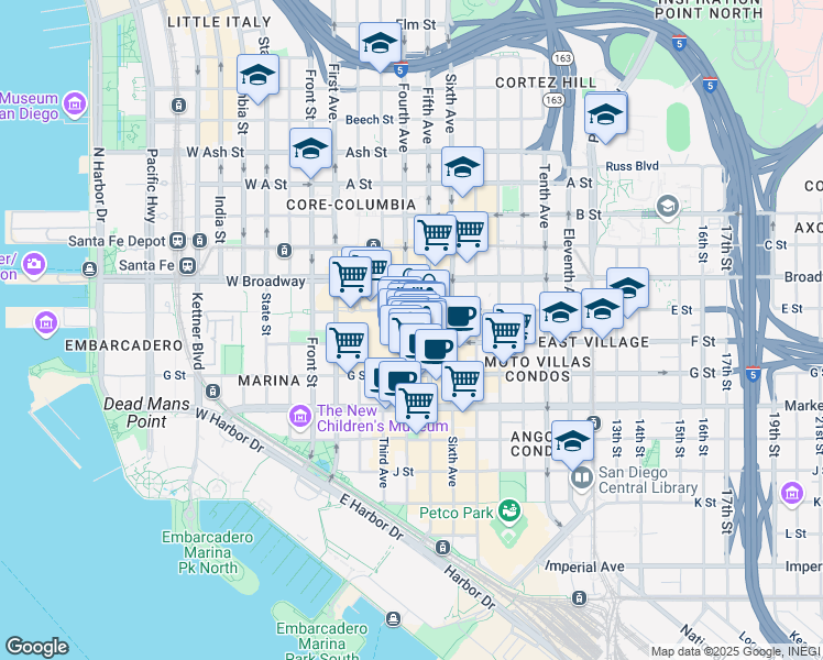 map of restaurants, bars, coffee shops, grocery stores, and more near in San Diego