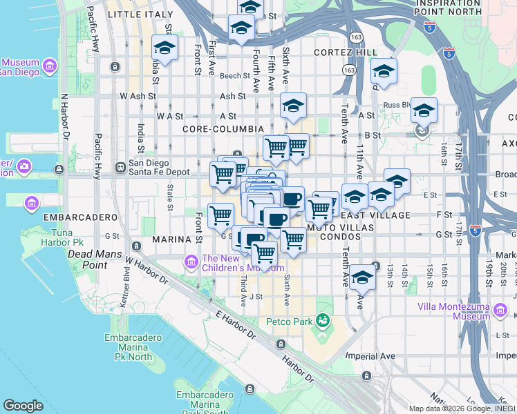 map of restaurants, bars, coffee shops, grocery stores, and more near 843 4th Avenue in San Diego