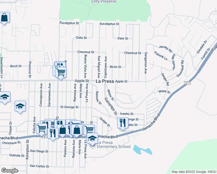 map of restaurants, bars, coffee shops, grocery stores, and more near 985 Maya Street in Spring Valley