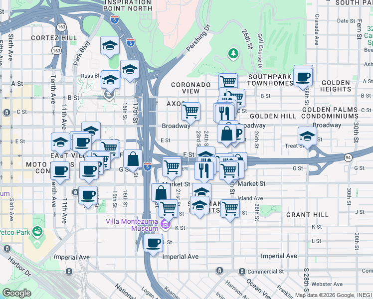 map of restaurants, bars, coffee shops, grocery stores, and more near 726-778 22nd Street in San Diego