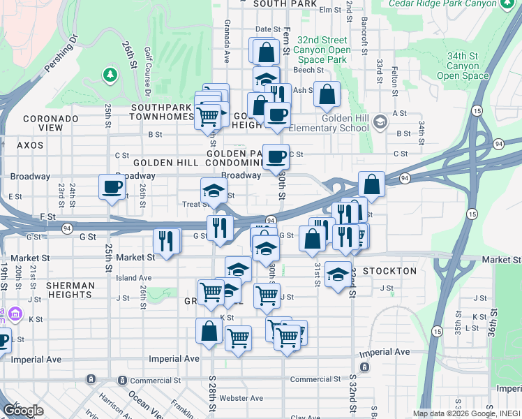 map of restaurants, bars, coffee shops, grocery stores, and more near 2934 F Street in San Diego