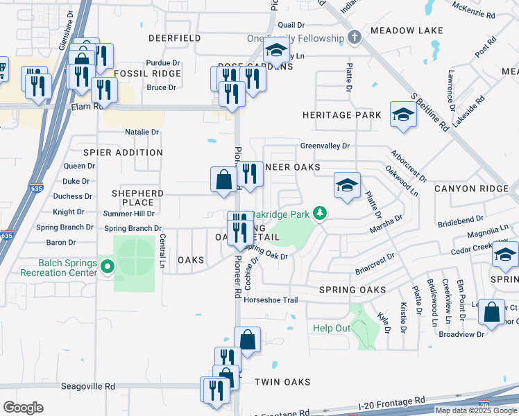 map of restaurants, bars, coffee shops, grocery stores, and more near 4030 Pioneer Road in Balch Springs