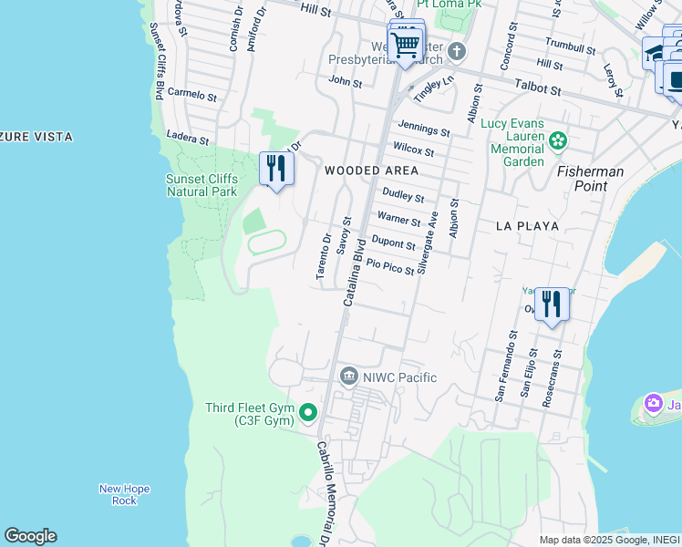 map of restaurants, bars, coffee shops, grocery stores, and more near 517 Savoy Street in San Diego