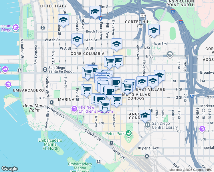 map of restaurants, bars, coffee shops, grocery stores, and more near in San Diego