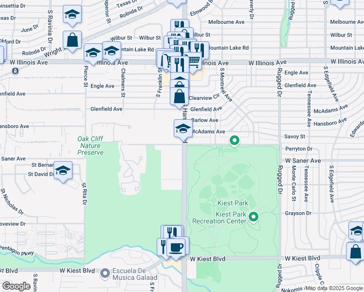 map of restaurants, bars, coffee shops, grocery stores, and more near 2999 S Hampton Rd in Dallas