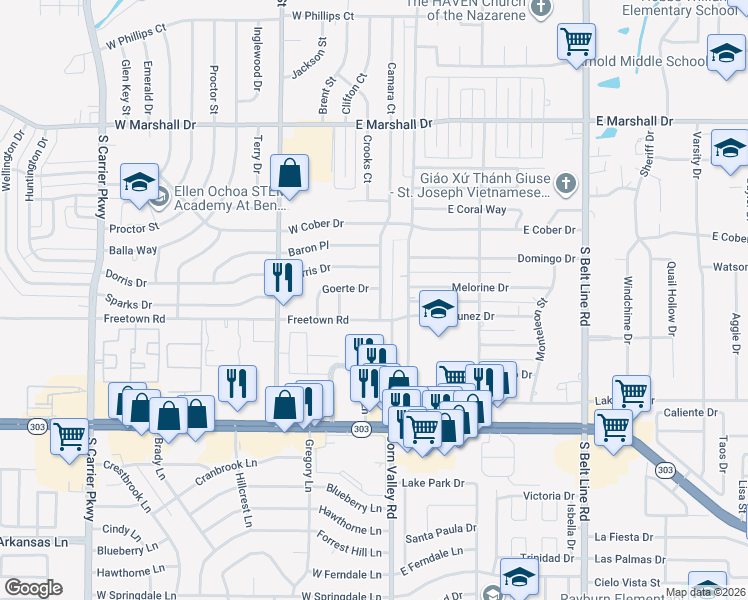 map of restaurants, bars, coffee shops, grocery stores, and more near 110 Freetown Road in Grand Prairie