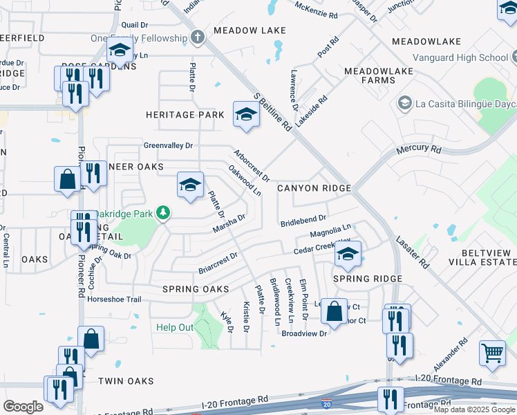 map of restaurants, bars, coffee shops, grocery stores, and more near 14719 Oakwood Lane in Balch Springs