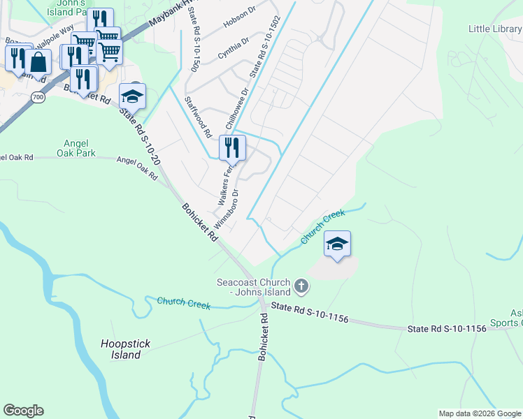 map of restaurants, bars, coffee shops, grocery stores, and more near 3596 Berryhill Road in Johns Island