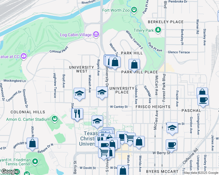 map of restaurants, bars, coffee shops, grocery stores, and more near in Fort Worth