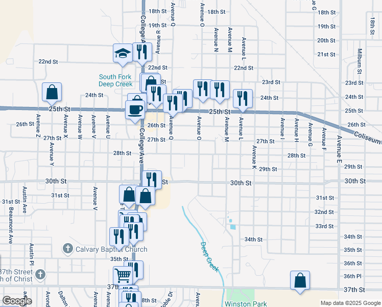 map of restaurants, bars, coffee shops, grocery stores, and more near 2801-2999 Avenue O in Snyder