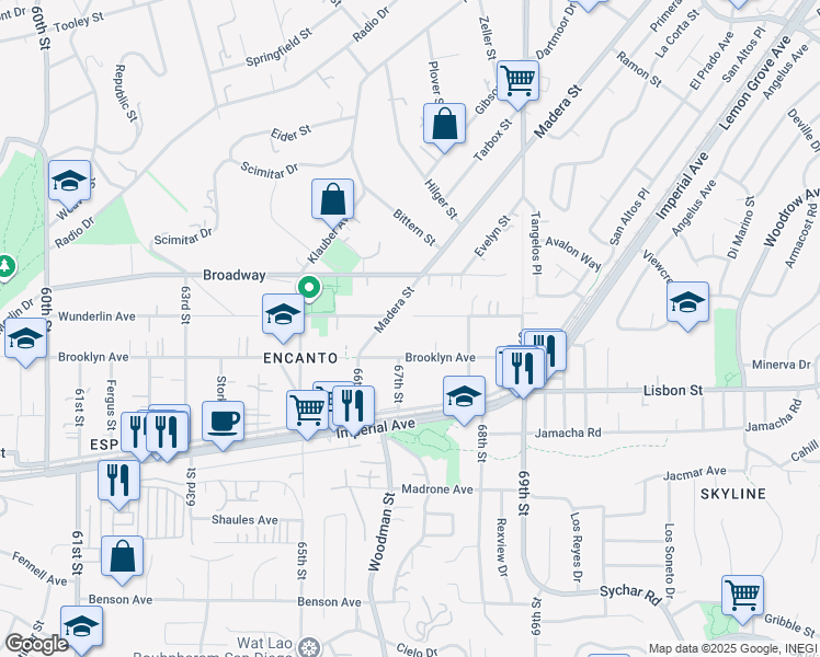 map of restaurants, bars, coffee shops, grocery stores, and more near 6706 Brooklyn Avenue in San Diego