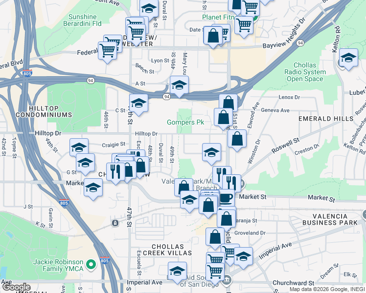 map of restaurants, bars, coffee shops, grocery stores, and more near 2798 Harbor Drive in San Diego