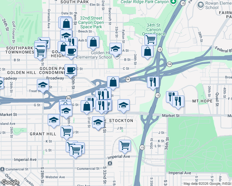 map of restaurants, bars, coffee shops, grocery stores, and more near 32 33rd Street in San Diego