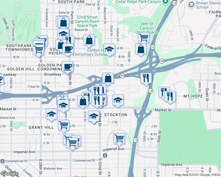 map of restaurants, bars, coffee shops, grocery stores, and more near 32 33rd Street in San Diego