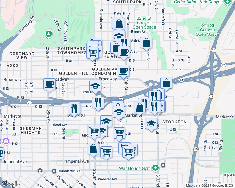 map of restaurants, bars, coffee shops, grocery stores, and more near 2954 F Street in San Diego