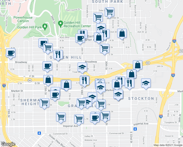 map of restaurants, bars, coffee shops, grocery stores, and more near 2876 F Street in San Diego