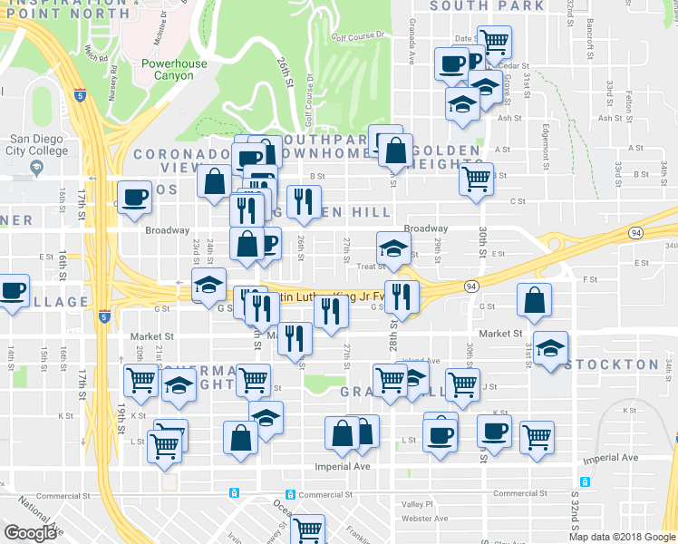 map of restaurants, bars, coffee shops, grocery stores, and more near 2690 F Street in San Diego