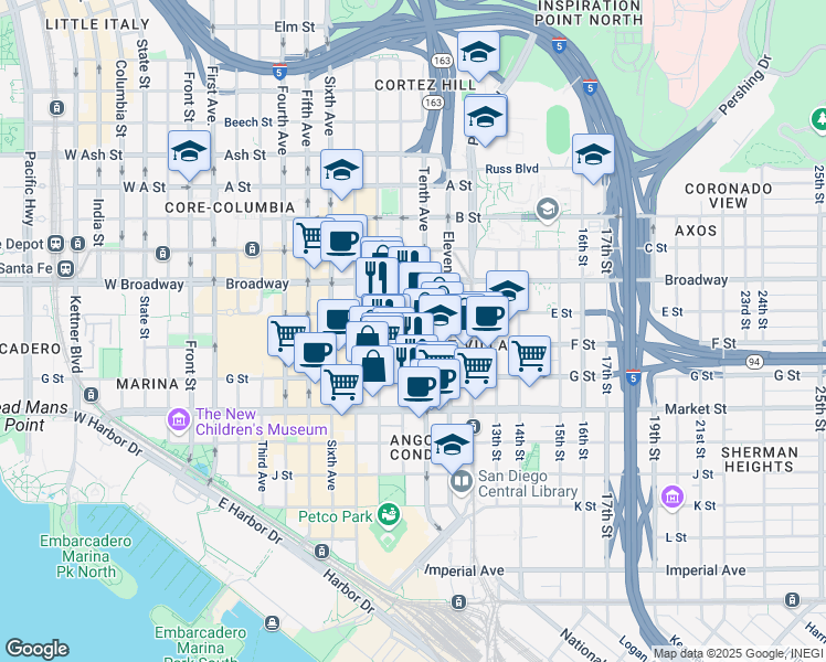 map of restaurants, bars, coffee shops, grocery stores, and more near in San Diego