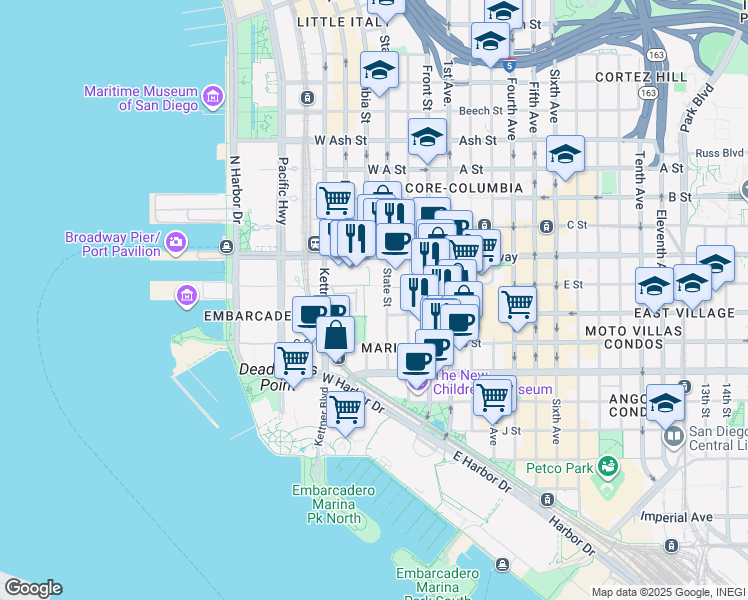 map of restaurants, bars, coffee shops, grocery stores, and more near 800 State Street in San Diego