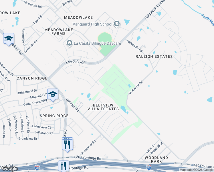 map of restaurants, bars, coffee shops, grocery stores, and more near 2500 McKenzie Road in Mesquite