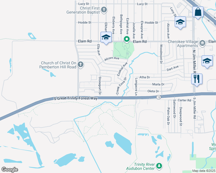 map of restaurants, bars, coffee shops, grocery stores, and more near 6365 South Great Trinity Forest Way in Dallas