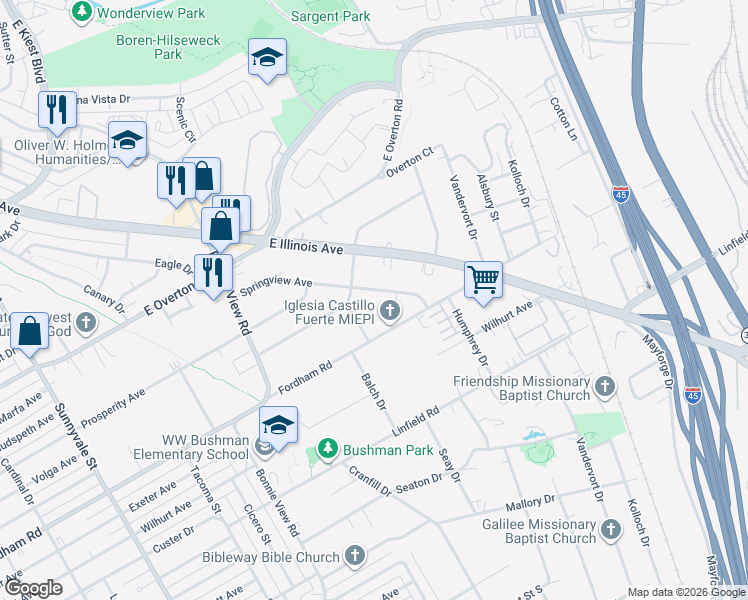 map of restaurants, bars, coffee shops, grocery stores, and more near 3223 Fordham Road in Dallas