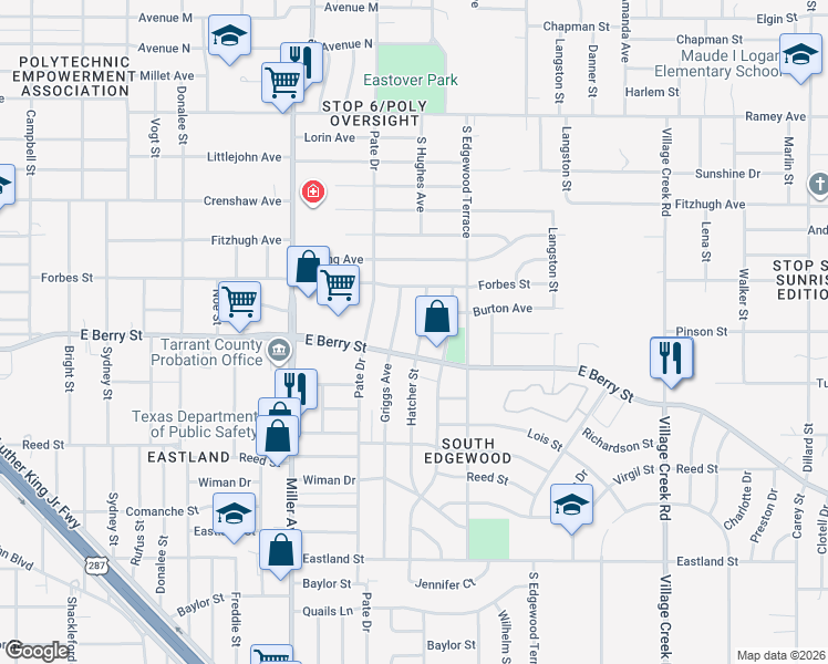 map of restaurants, bars, coffee shops, grocery stores, and more near 4333 East Berry Street in Fort Worth