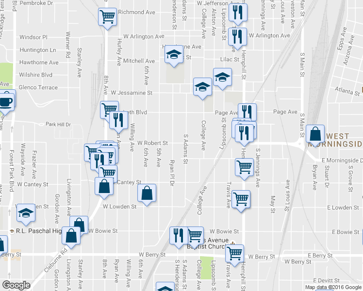 map of restaurants, bars, coffee shops, grocery stores, and more near 2619 South Adams Street in Fort Worth