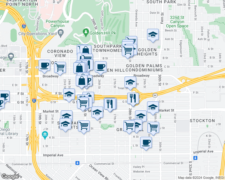 map of restaurants, bars, coffee shops, grocery stores, and more near 816 27th Street in San Diego