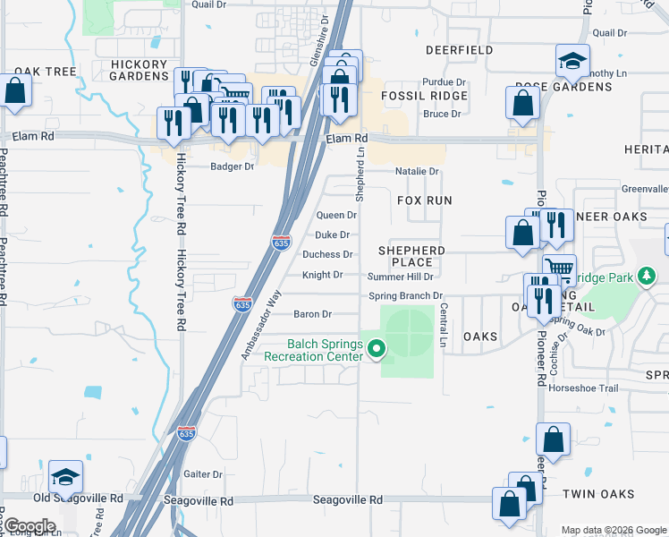 map of restaurants, bars, coffee shops, grocery stores, and more near 12300 Knight Drive in Balch Springs