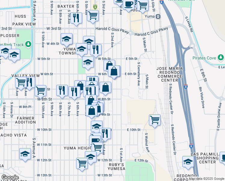 map of restaurants, bars, coffee shops, grocery stores, and more near 712 South 2nd Avenue in Yuma