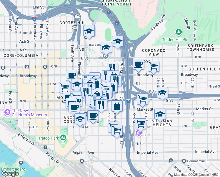 map of restaurants, bars, coffee shops, grocery stores, and more near 805 16th Street in San Diego