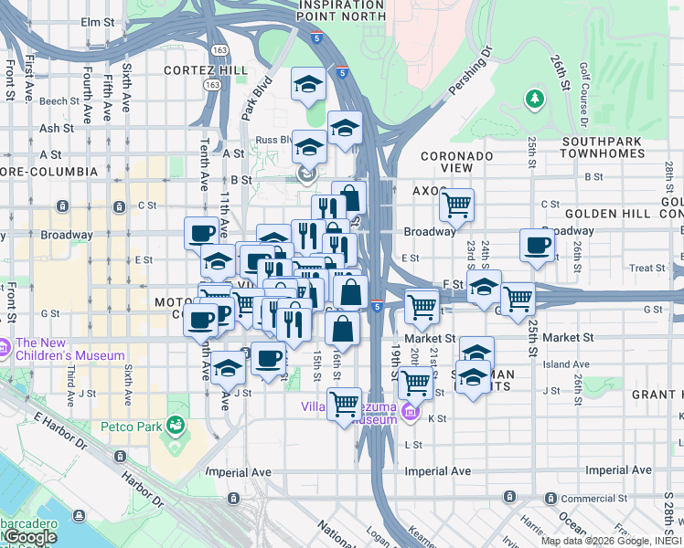 map of restaurants, bars, coffee shops, grocery stores, and more near 841 16th Street in San Diego