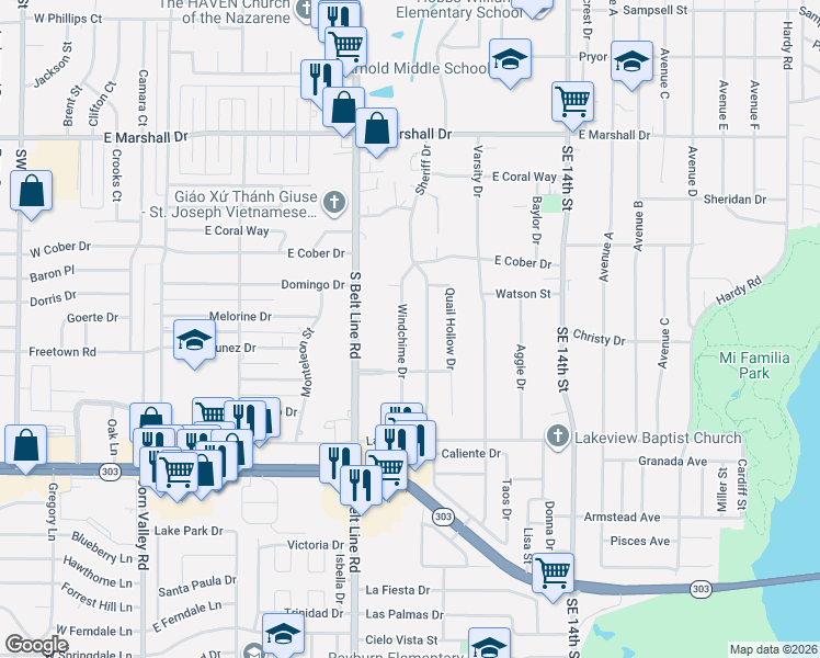 map of restaurants, bars, coffee shops, grocery stores, and more near 2213 Sheriff Drive in Grand Prairie