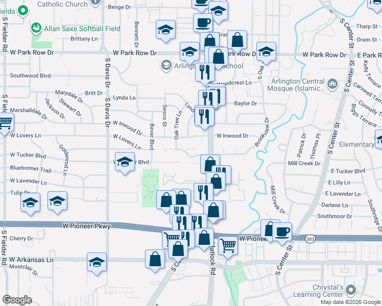 map of restaurants, bars, coffee shops, grocery stores, and more near 904 West Lovers Lane in Arlington
