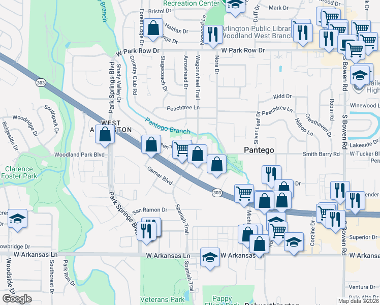 map of restaurants, bars, coffee shops, grocery stores, and more near 3605 Smith Barry Road in Pantego