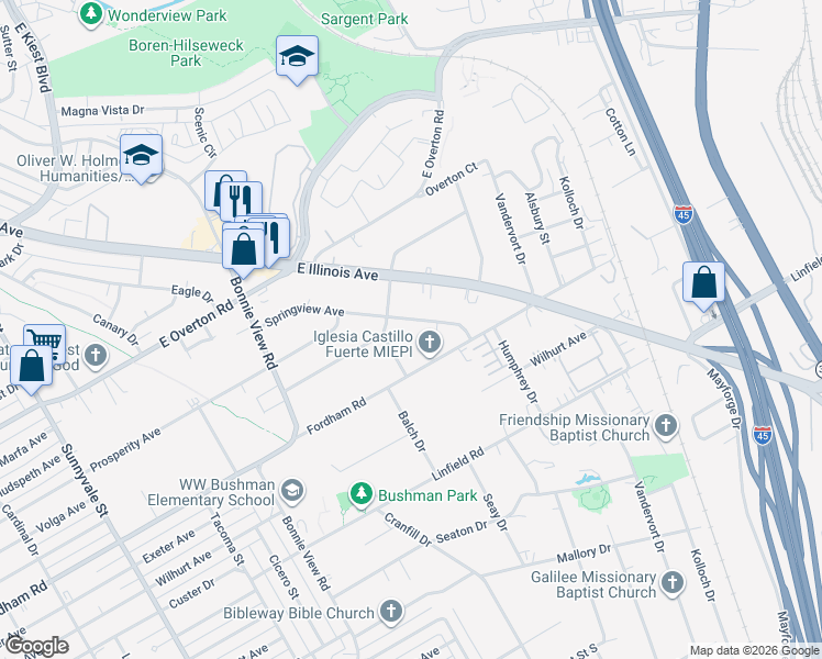 map of restaurants, bars, coffee shops, grocery stores, and more near 3223 Fordham Road in Dallas