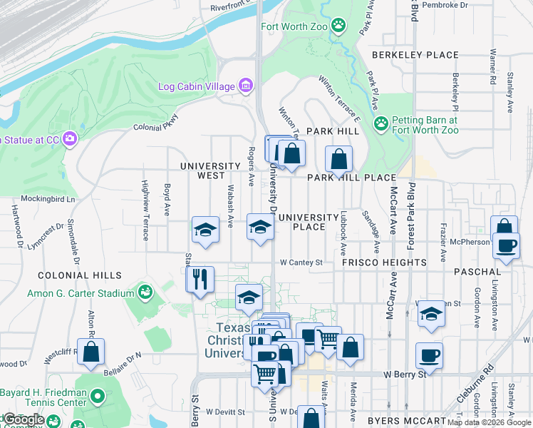 map of restaurants, bars, coffee shops, grocery stores, and more near in Fort Worth