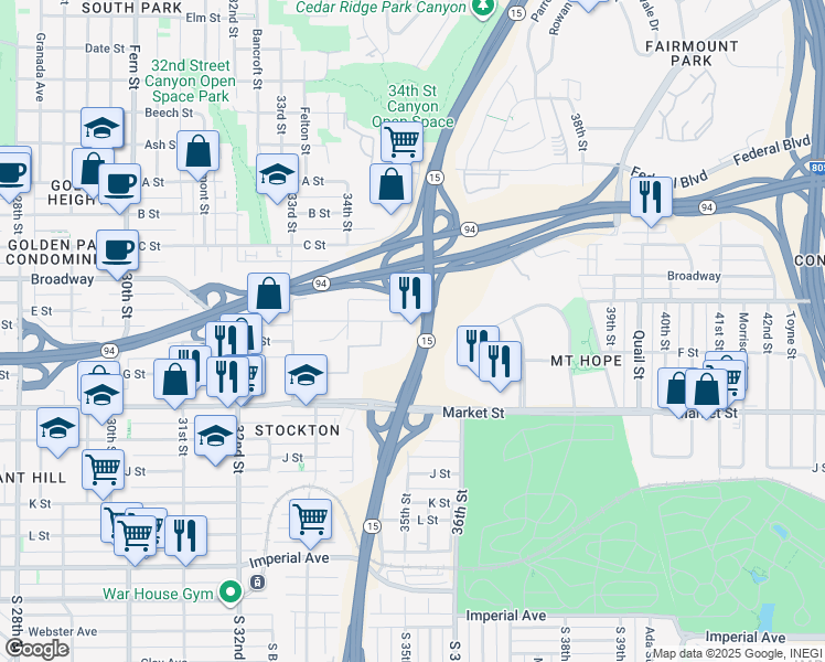 map of restaurants, bars, coffee shops, grocery stores, and more near 3517 E Street in San Diego