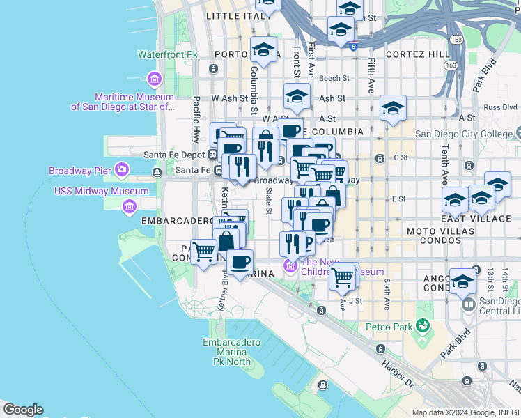 map of restaurants, bars, coffee shops, grocery stores, and more near 850 State Street in San Diego