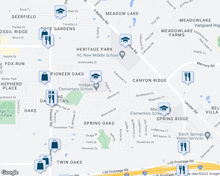 map of restaurants, bars, coffee shops, grocery stores, and more near 14601 Spring Oak Drive in Balch Springs
