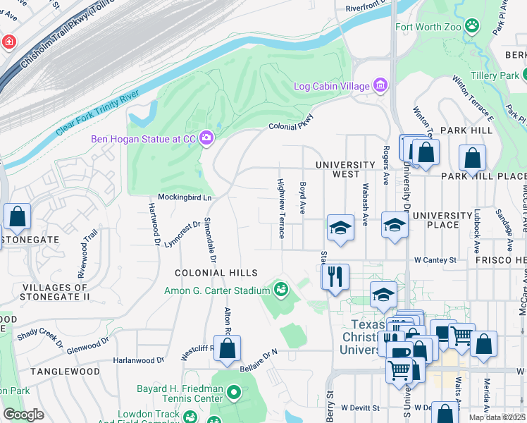 map of restaurants, bars, coffee shops, grocery stores, and more near 2549 Walsh Court in Fort Worth
