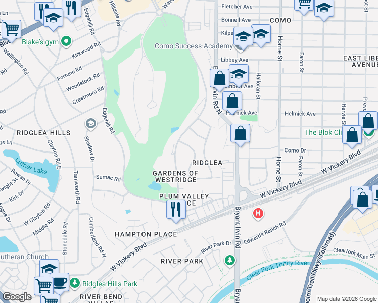 map of restaurants, bars, coffee shops, grocery stores, and more near 4824 Winthrop Avenue West in Fort Worth