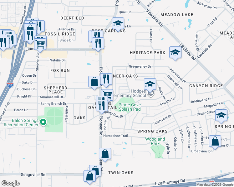 map of restaurants, bars, coffee shops, grocery stores, and more near 13116 Rustic Trail in Balch Springs