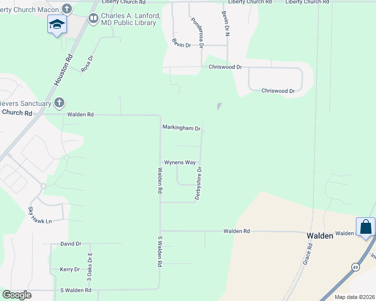 map of restaurants, bars, coffee shops, grocery stores, and more near 108 Wynens Way in Macon