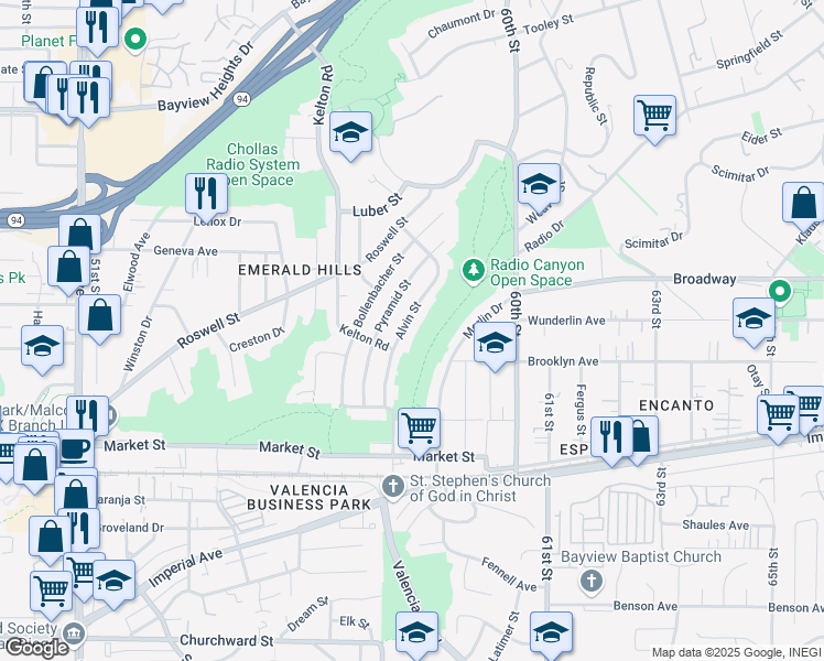 map of restaurants, bars, coffee shops, grocery stores, and more near 843 Alvin Street in San Diego