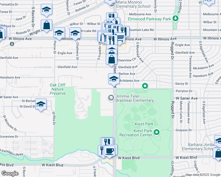 map of restaurants, bars, coffee shops, grocery stores, and more near Perryton Drive in Dallas